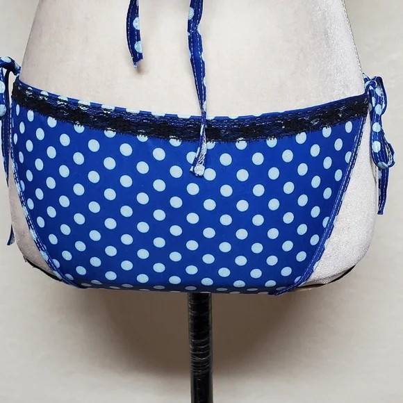 90s Vintage OOAK Handmade Blue Polka-dot Black Lace Side-Tie Triangle Bikini S - Picture 14 of 16